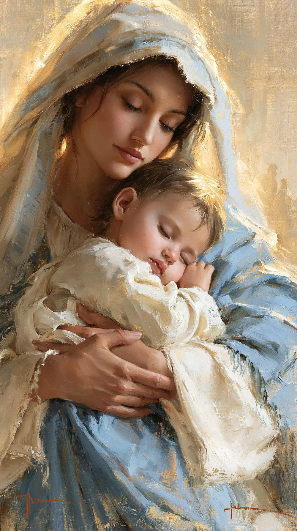 the Virgin Mary sharing a tender moment with the Child Jesus in Sacred Maternal Tenderness style, portrait Christian artwork no. 2