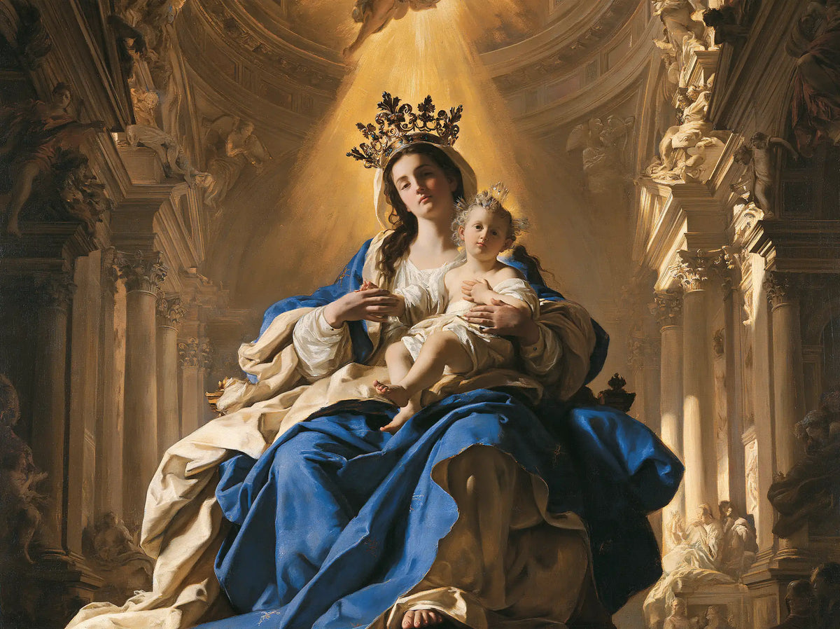 the Virgin Mary and the Child Jesus in a majestic composition in Sacred Monumental View style, landscape Christian artwork no. 6