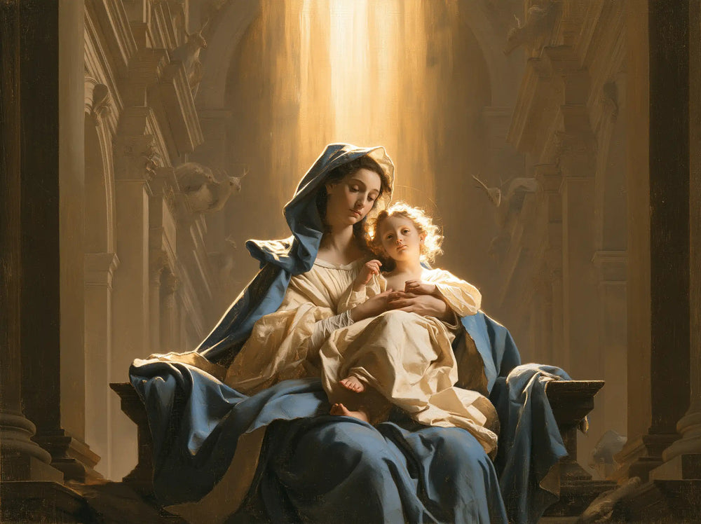 the Virgin Mary and the Child Jesus in a majestic composition in Sacred Monumental View style, landscape Christian artwork no. 7