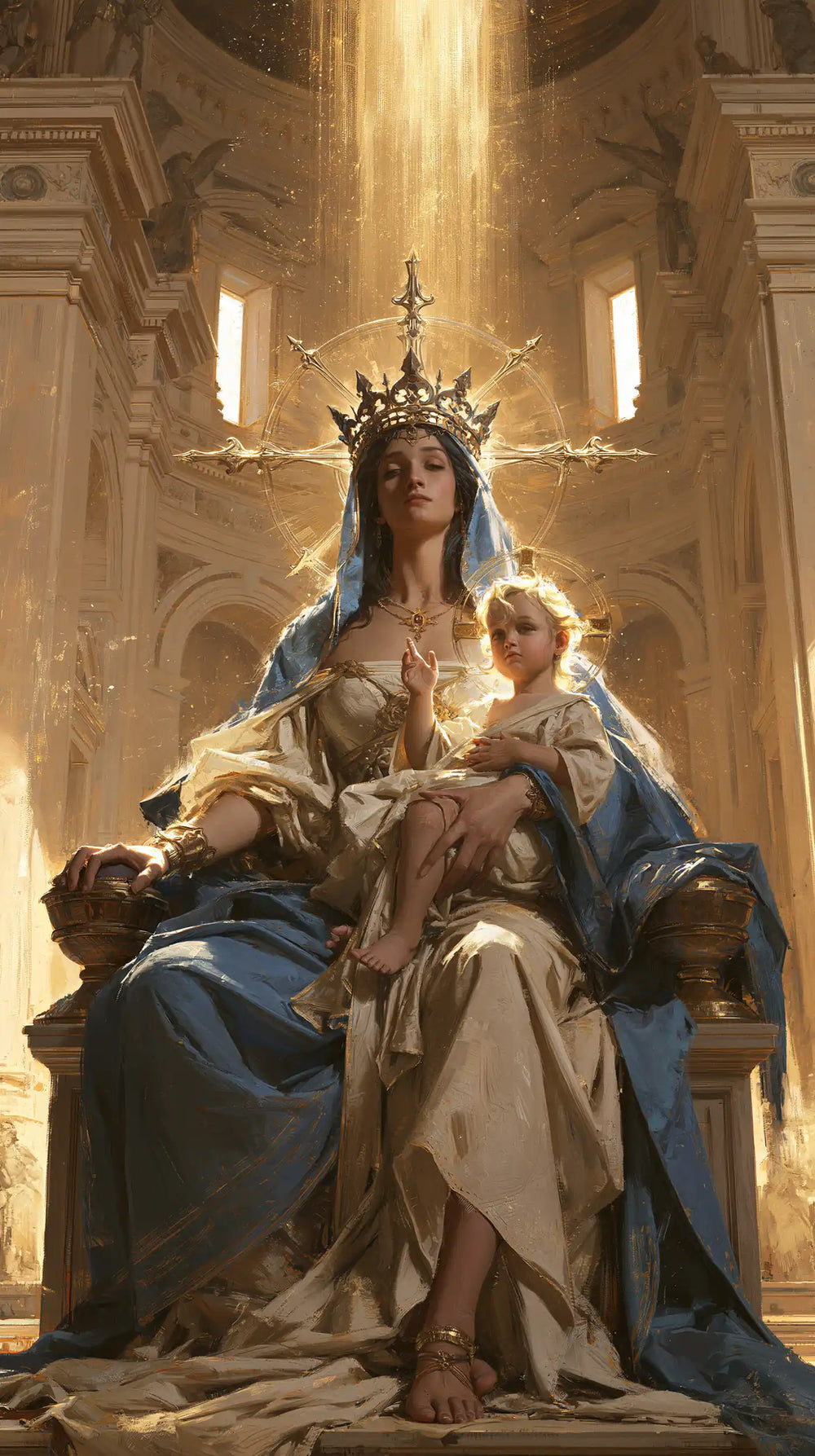 the Virgin Mary and the Child Jesus in a majestic composition in Sacred Monumental View style, portrait Christian artwork no. 8