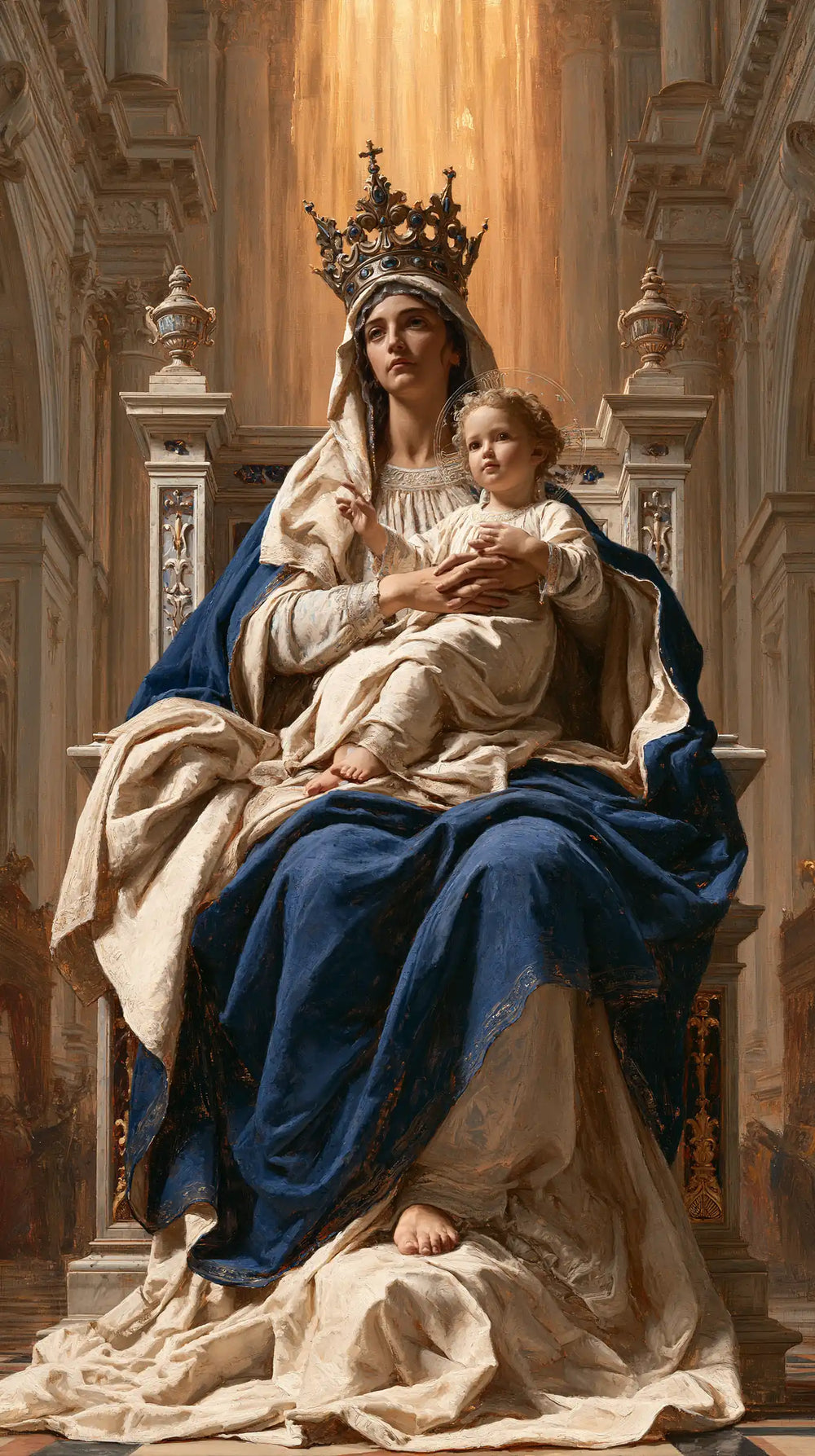 the Virgin Mary and the Child Jesus in a majestic composition in Sacred Monumental View style, portrait Christian artwork no. 16