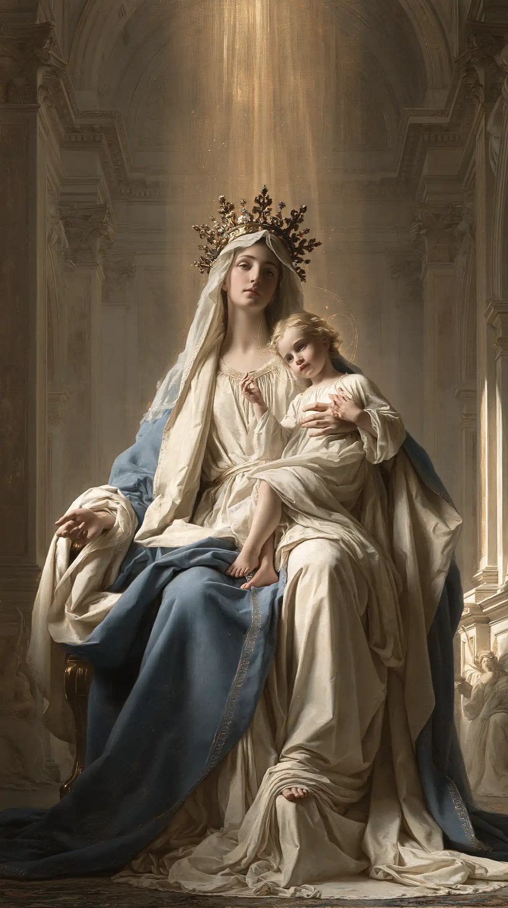 the Virgin Mary and the Child Jesus in a majestic composition in Sacred Monumental View style, portrait Christian artwork no. 19