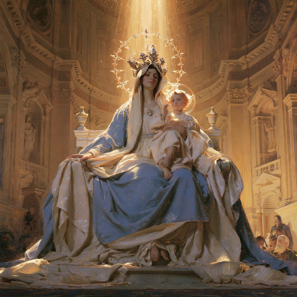the Virgin Mary and the Child Jesus in a majestic composition in Sacred Monumental View style, square Christian artwork no. 5