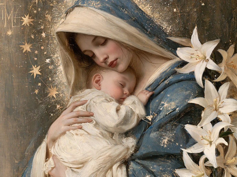 the Virgin Mary and the Child Jesus in Symbolist style, landscape Christian artwork no. 9