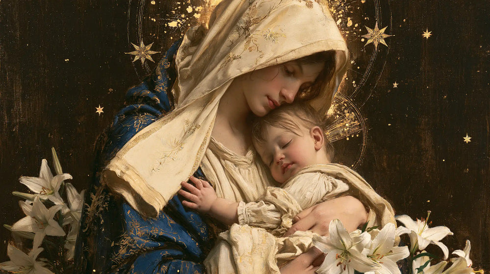 the Virgin Mary and the Child Jesus in Symbolist style, landscape Christian artwork no. 17