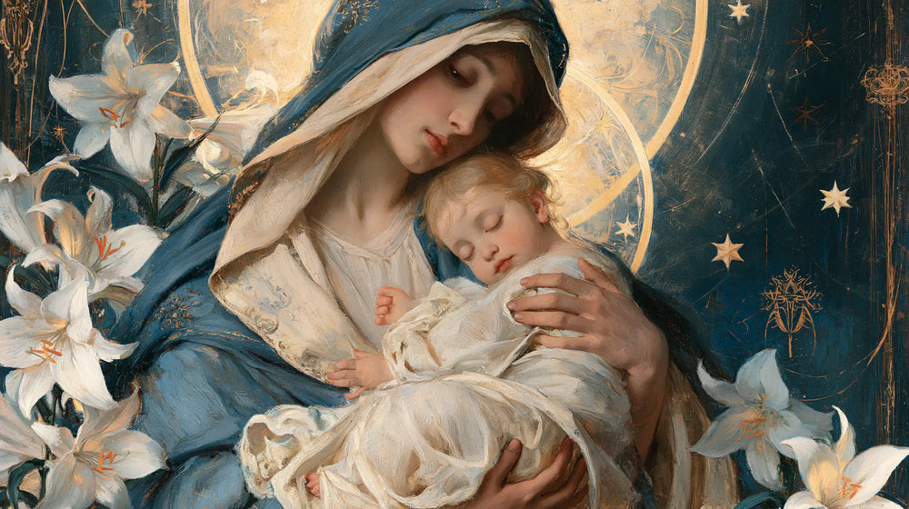 the Virgin Mary and the Child Jesus in Symbolist style, landscape Christian artwork no. 18