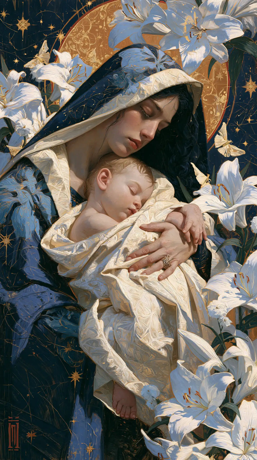 the Virgin Mary and the Child Jesus in Symbolist style, portrait Christian artwork no. 5