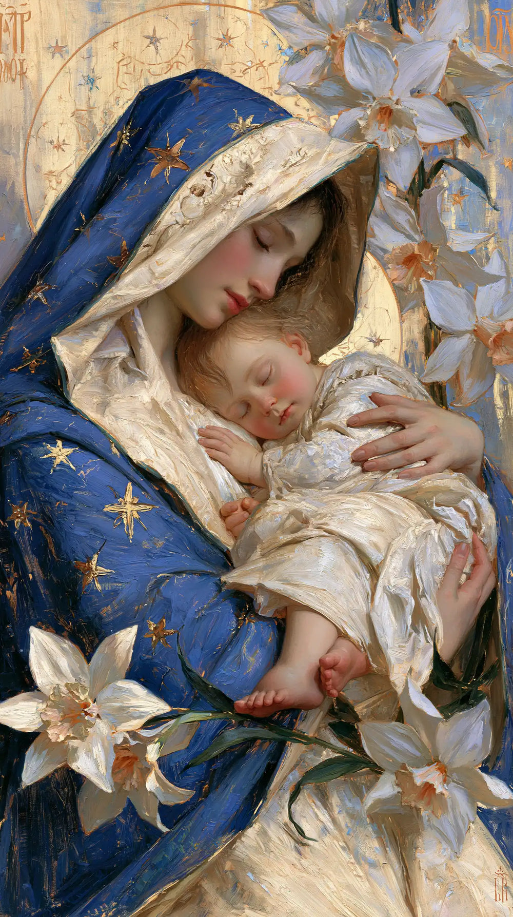 the Virgin Mary and the Child Jesus in Symbolist style, portrait Christian artwork no. 9