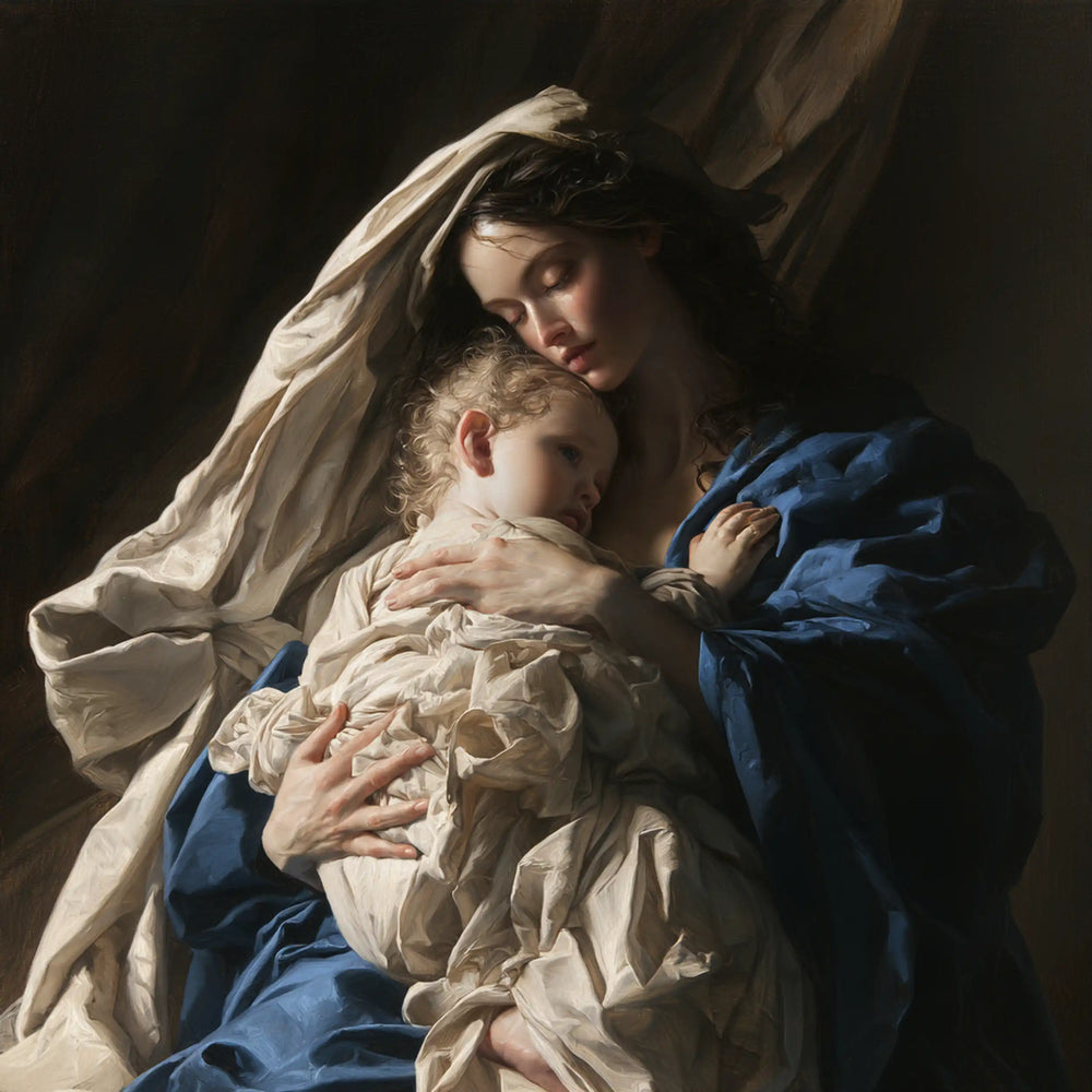 the Virgin Mary and the Child Jesus in Theatrical Baroque style, square Christian artwork no. 1