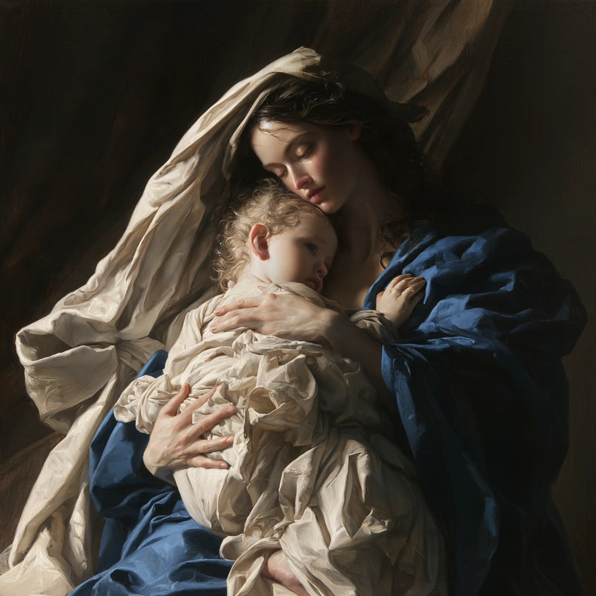the Virgin Mary and the Child Jesus in Theatrical Baroque style, square Christian artwork no. 1