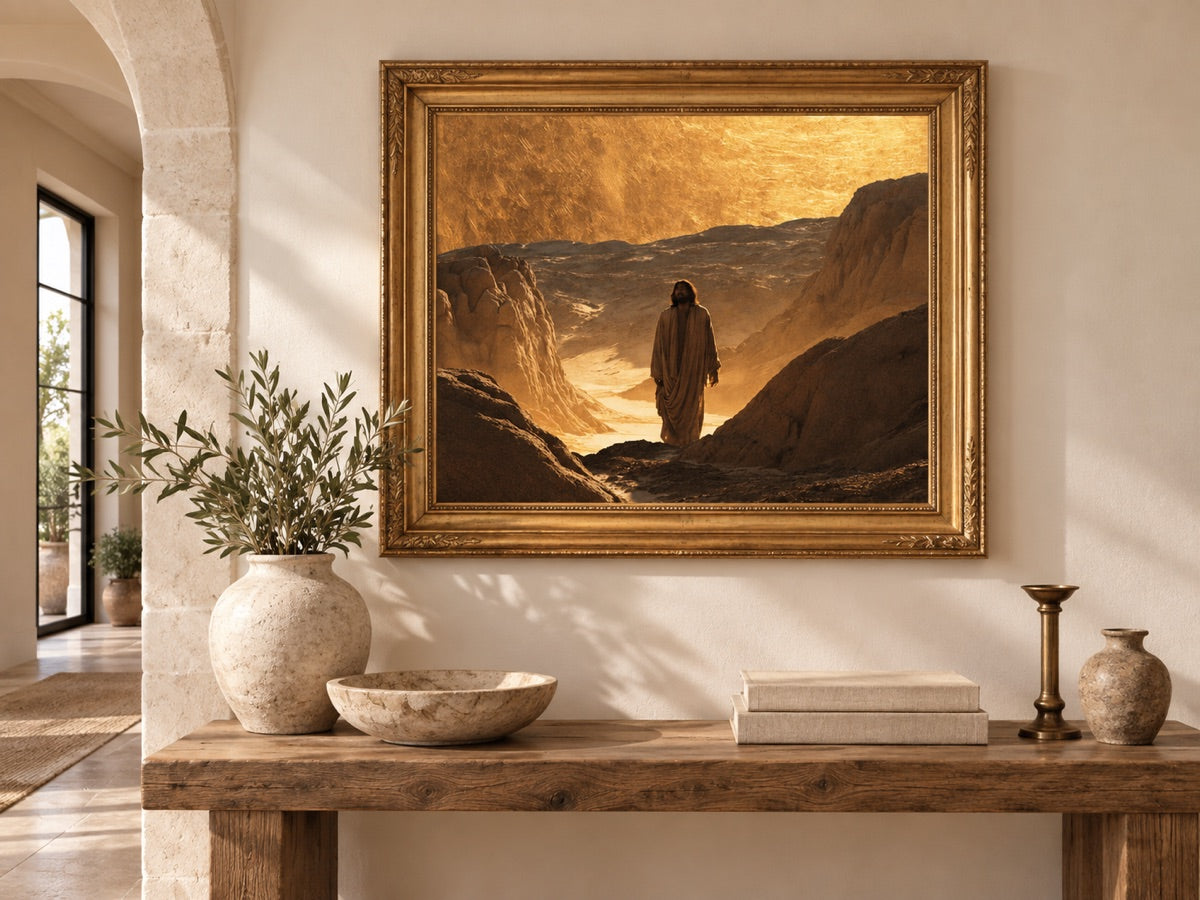 Jesus in the Desert — gold framed interior mockup