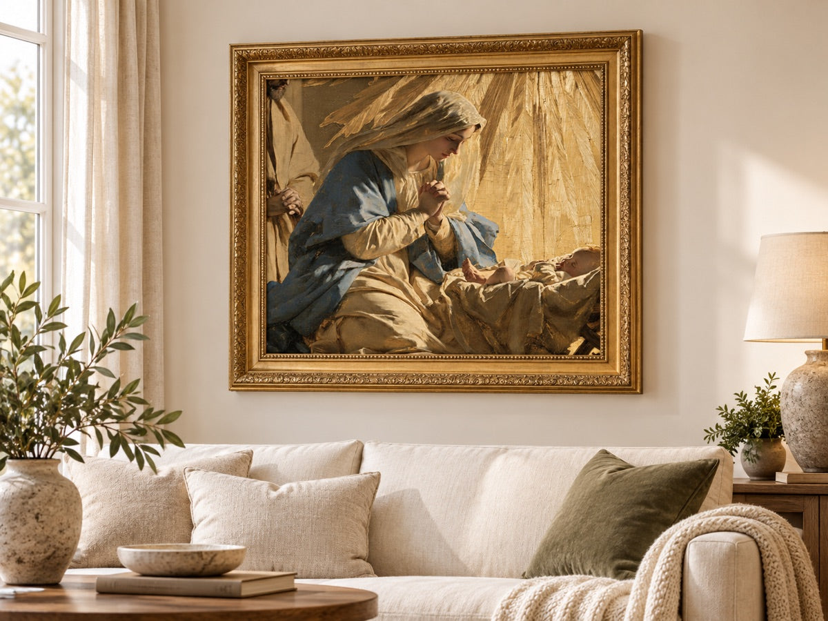 The Nativity — gold framed interior mockup