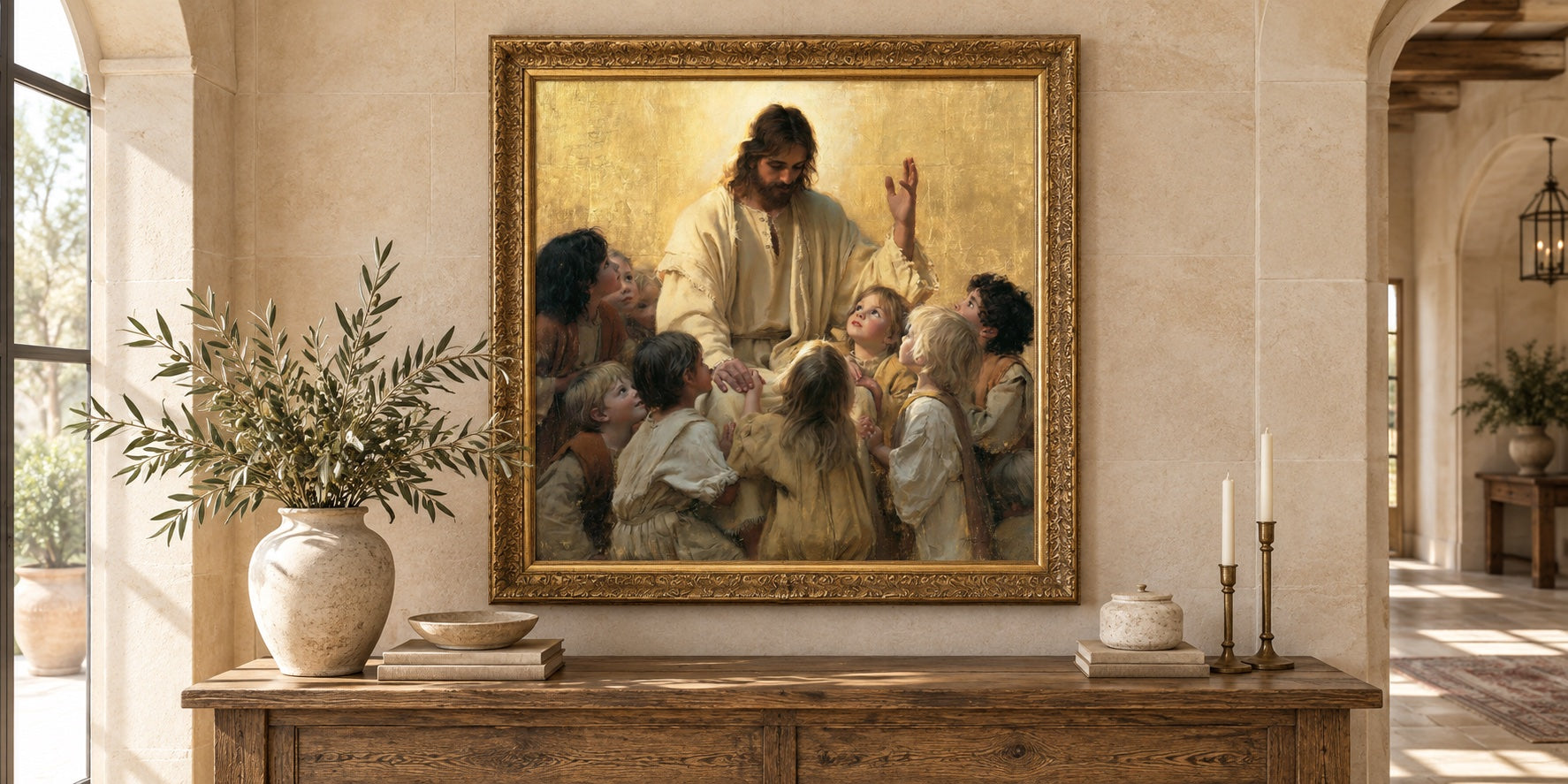 Jesus and the Children — Gold artwork styled in a gold frame